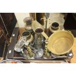 A box of assorted brassware and metalware, including a pair of Art Nouveau brass vases, a pair of