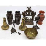A collection of Eastern items including bronze vases, bronze storks, brass Islamic vases and bowls