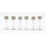 A set of six Edwardian silver liqueur tots, on elongated stems, by Robert Pringle, Birmingham, 1907,