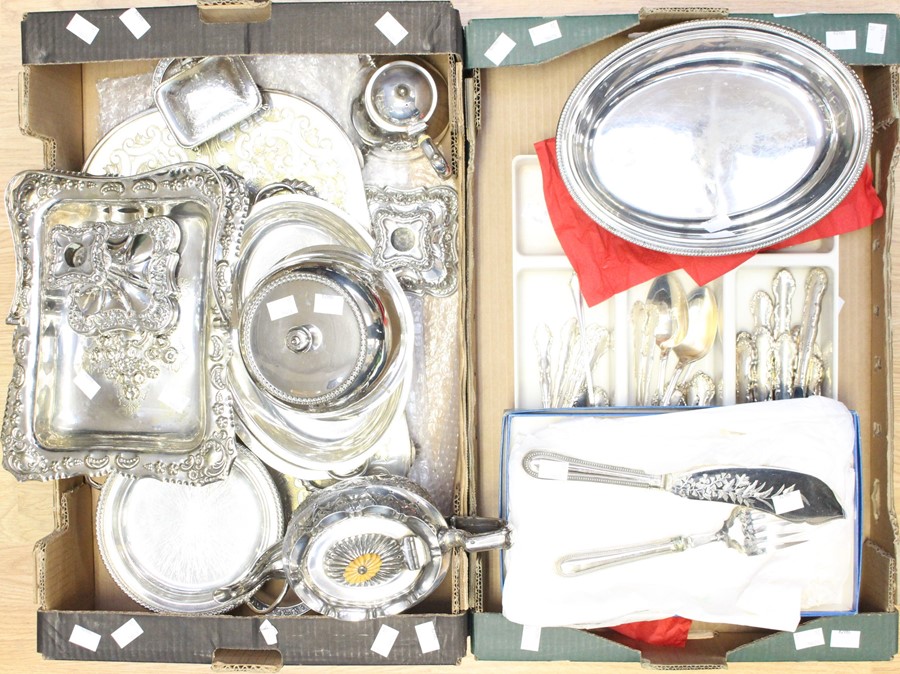 A collection of silver plate, EPNS to include flatware, entree dishes, teapot, horn handled steak