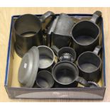 A collection of pewter tankards, small plate and trinket box, tobacco box
