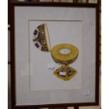 Hand-painted Royal Crown Derby watercolour of an Imari timepiece along with a watercolour of Poole