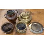 Collection of brass to include: large 19th Century kettle, two jardinieres, circular plate and