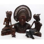 Hard wood African figures, ebony elephant and Chinese Buddha
