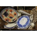 A box of assorted ceramics, including a 19th Century Imari punch bowl, blue and white ceramics,