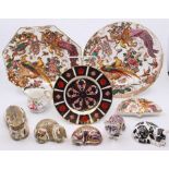 Five Royal Crown Derby paperweights including cats, with gold stoppers, Olde Avesbury plates and