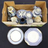 A collection of blue and white jugs, plates, cups etc, Spode Copeland and other early 20th Century