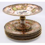 A late 19th Century Royal Crown Derby Duesbury Imari cake stand, six serving plates, Imari