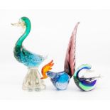 Three glass studio art birds/paperweights