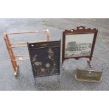 Two early 20th Century fire screens, Victorian, towel rail and small bedroom fire brass fender