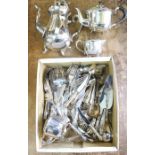 A collection of silver plated items including tea set and cutlery set, loose, Kings pattern