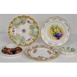 Two Derby Stevenson and Hancock plates, one hand painted by JH Ratcliffe, a Edwardian Royal Crown