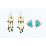 A pair of amazonite and 9ct rose gold earrings, comprising cabochon triangular cut amazonite