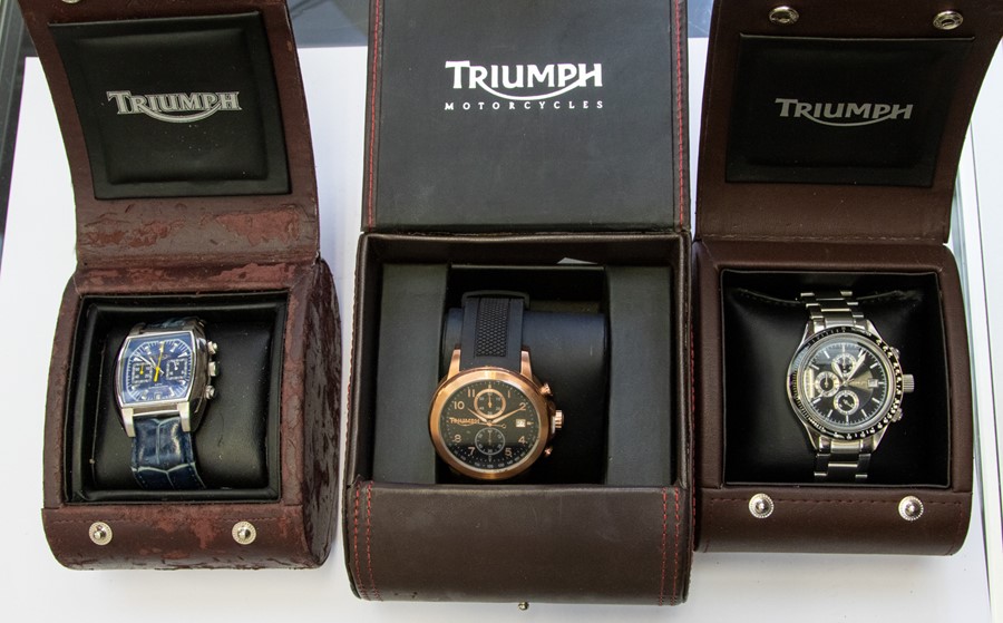 Watches - three Triumph Motocycles gentleman's watches, including one chronometer, boxed (3)