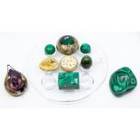 A collection of malachite to include eggs, balls, box and cover, shaped dish together with Selkir