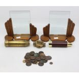 A pair of Art Deco wooden picture frames, brass telescopes, brass compass and British bronze coins