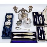 A collection of silver and plate to include:  A pair of Victorian silver plate and mother-of-pearl