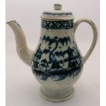 An 18th century blue and white Chinoiserie coffee pot and cover, approx 20cm high