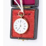 A ladies 14ct gold open faced pocket watch, white enamel dial, black Roman numeral markers, outer