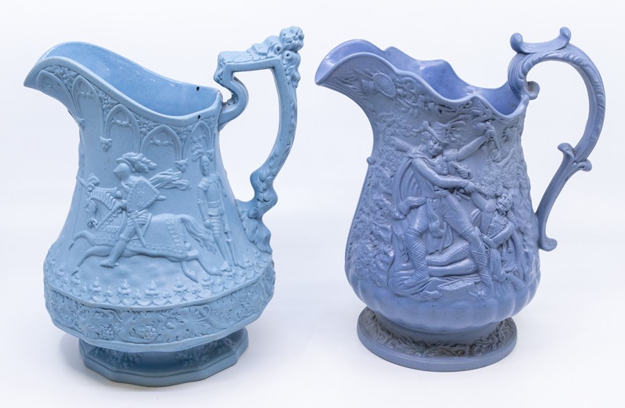 A group of early nineteenth century blue stoneware relief moulded jugs, c.1830-50. To include: a - Image 2 of 2