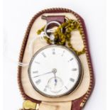 A silver open faced pocket watch, white enamel dial, approc 39mm, black Roman numeral markers and