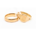 A 9ct gold wedding band, width approx 5mm, size S, along with a 9ct gold signet ring, monogrammed