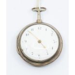 A silver verge pair cased pocket watch, white enamel dial, black number markers and gold hands, dial