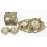A collection of pewter items: a 19th Century meat dish stamped to reverse; two sets of Marinoni
