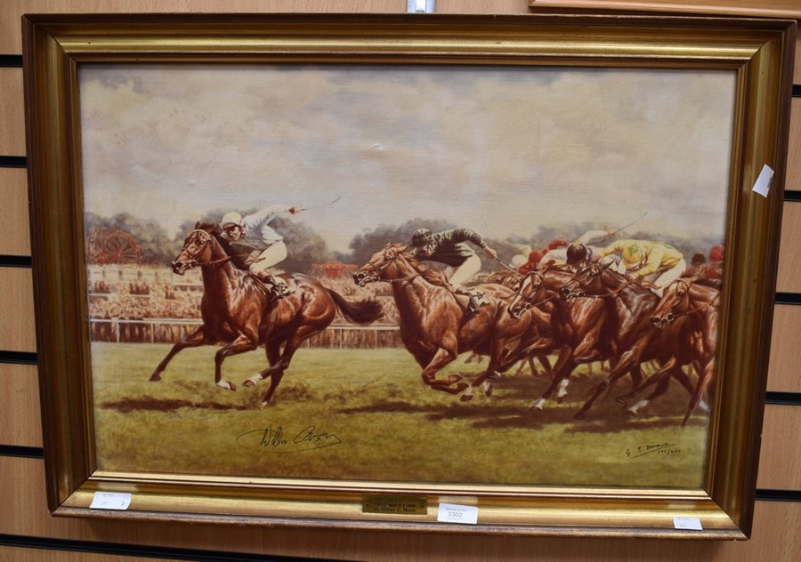 Oleograph of the 200th Derby at Epsom, signed by the artist, Gillian Hoare, and Willie Carson, the