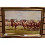 Oleograph of the 200th Derby at Epsom, signed by the artist, Gillian Hoare, and Willie Carson, the