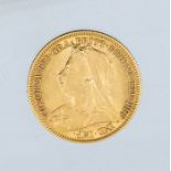 An 1899 Victoria "Veiled bust" gold half sovereign, London mint.