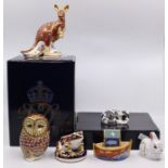 Six Royal Crown Derby paperweights including a kangaroo boxed gold stopper, Misty cat boxed silver