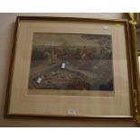 After Charles Hunt The Death (Fox Hunting),  colour engraving and a modern oval giltwood mirror (2)