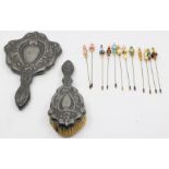 Early 20th Century pewter dressing table mirror and brush, along with a collection of mid 20th