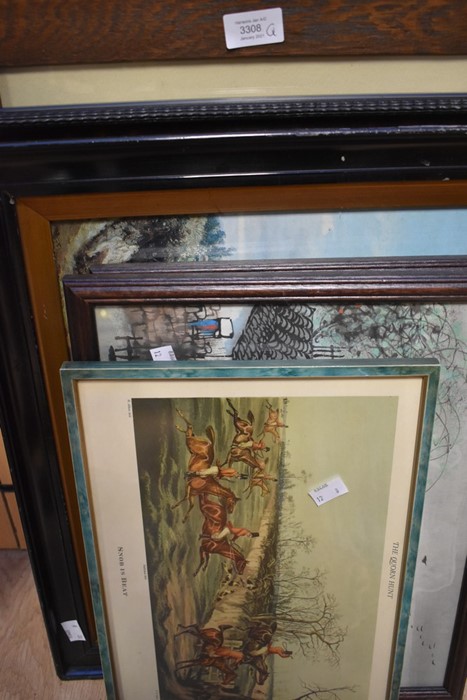 A collection of early 20th Century prints, along with two Chinese hand painted pictures, signed