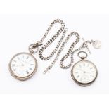 Two silver open faced pocket watches, both with white enamel dials, Roman numerals and subsidiary