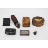A collection of treen to include: Edward VII bakelite vesta case; 19th Century lacquer and mother-