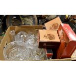 Two boxes of cut glass including rose vases, glasses, decanters, boxed glass wares etc