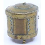 Tibetan style octagonal box and cover, horn and brass, 7ch high