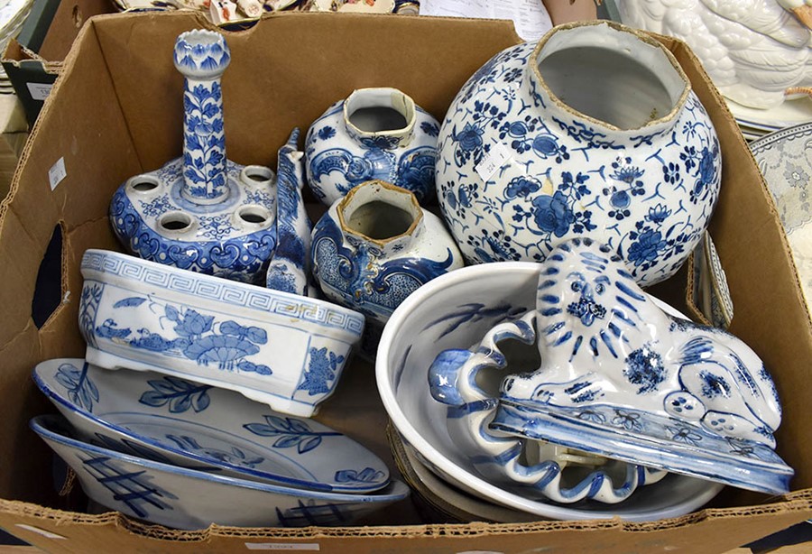 19th Century Delft vases and plates, Chinese blue and white vase, 20th Century blue and white