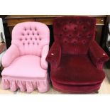 Two Victorian upholstered armchairs, one in purple, 88cm high and the other in bright pink,