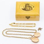 A 9ct gold chain with two pendants along with yellow metal items in treen box