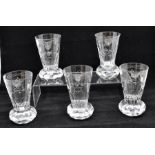 Five Masonic glasses on cut glass bases, with etched Masonic symbols