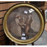 An early 19th Century coloured print in a round period frame, along with two other prints