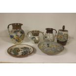 Six pieces of Mosse Ware from Llanbrynmair, comprising dish, large bowl, two jugs, tyg jug and