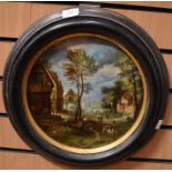 Oil on copper, Continental School, 19th Century, a rural village scene, diameter 28cm, in circular