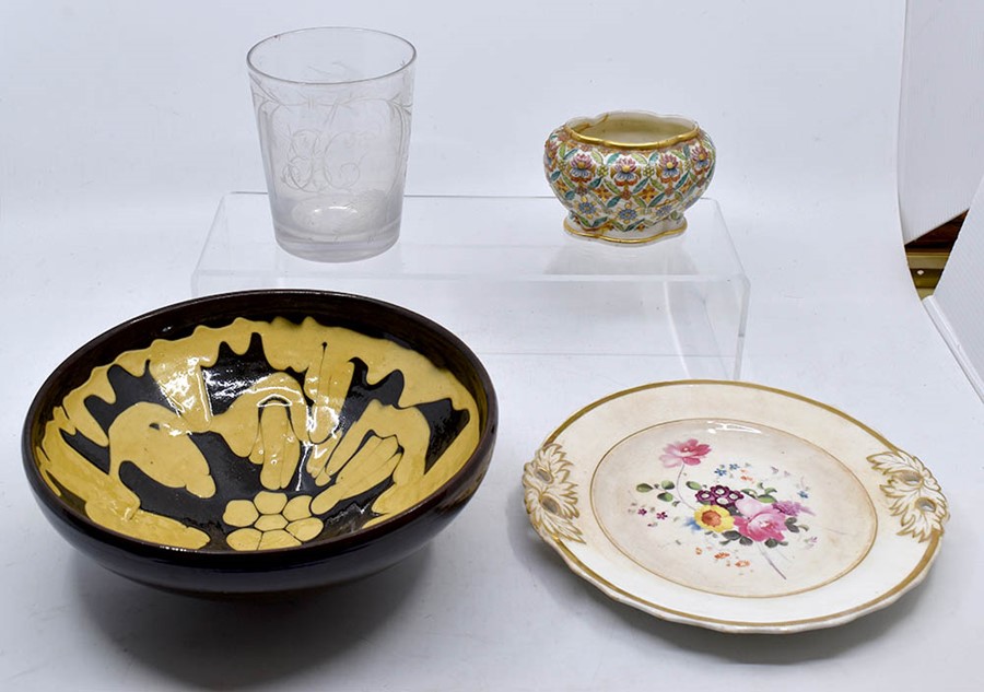 A 20th Century Slip ware bowl, Regency beaker, 19th Century hand painted plate and Royal Crown Derby