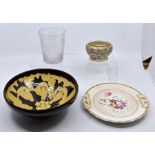 A 20th Century Slip ware bowl, Regency beaker, 19th Century hand painted plate and Royal Crown Derby