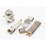 A group of silver to include: Money clip with central Masonic emblem; toothpick holder, Cigar cutter