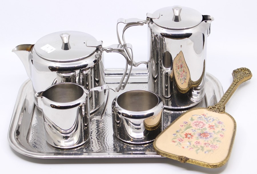 Old Hall stainless tea set on tray with hand mirror